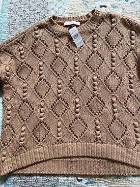 LOFT Women's Crochet Diamond Knit Sweater - Camel size S